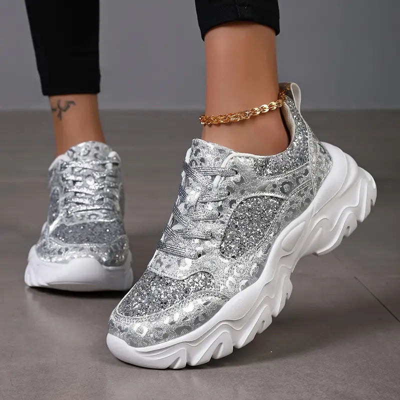 Silver Chunky Sneakers For Women With Glitter And High Sole