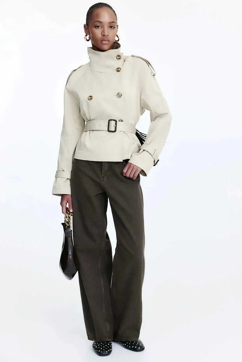 High Collar Belted Trench Coat