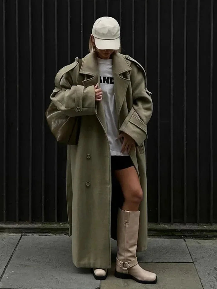 Long Oversized Wide-Lapel Trench Coat