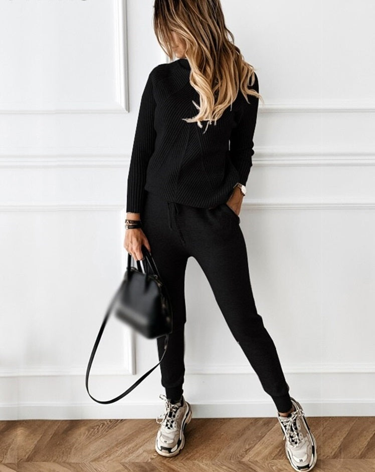 Women’s Ribbed Knit 2-Piece Tracksuit with Pullover and Joggers