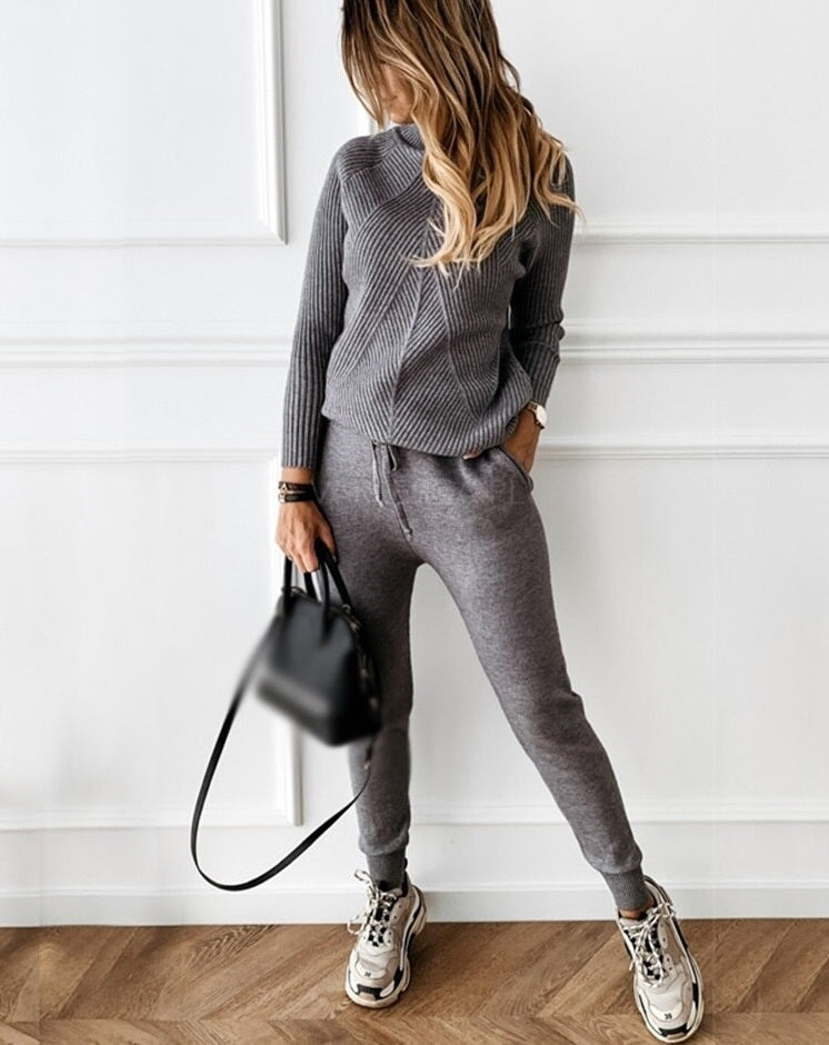 Women’s Ribbed Knit 2-Piece Tracksuit with Pullover and Joggers