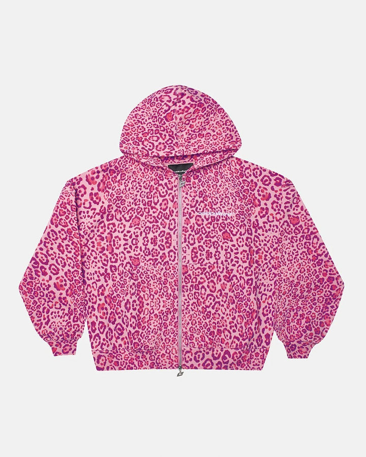 Unisex Leopard Print Boxy Zip-Up Hoodie with Front Pocket