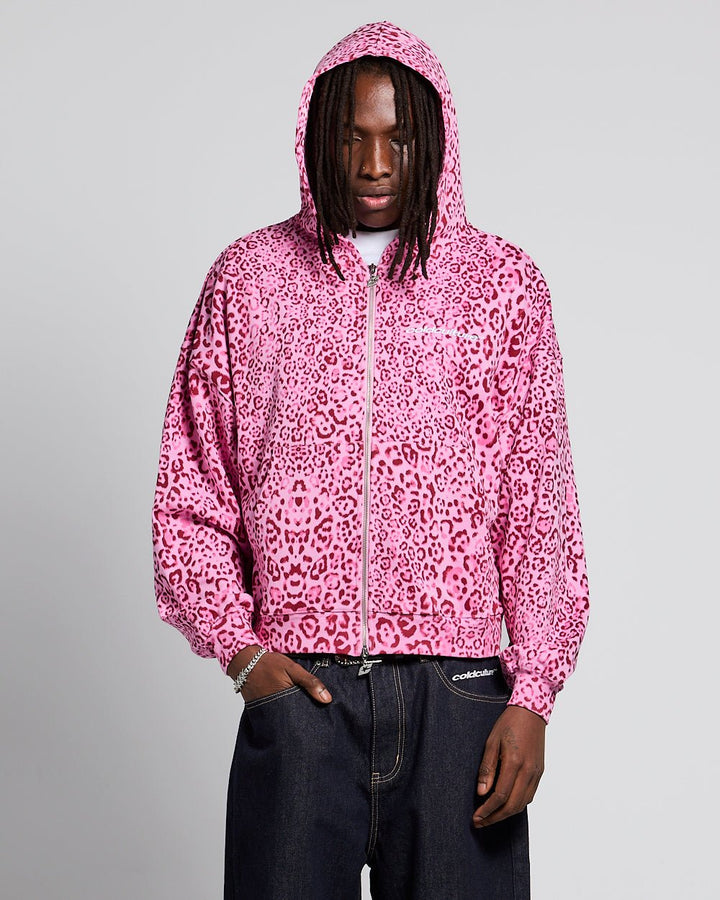Unisex Leopard Print Boxy Zip-Up Hoodie with Front Pocket
