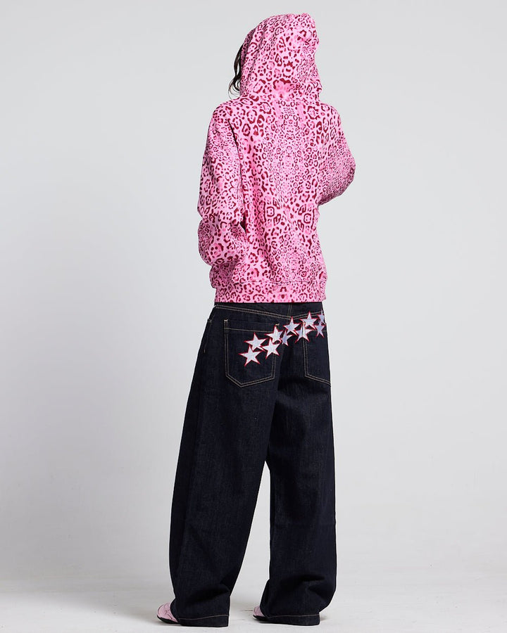 Unisex Leopard Print Boxy Zip-Up Hoodie with Front Pocket