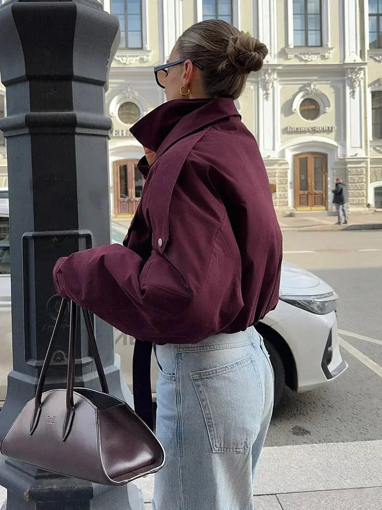 Burgundy High Collar Pocket Bomber