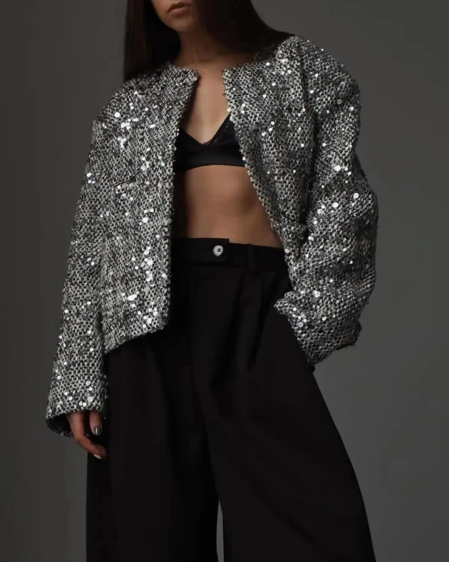 Silver Sequin Sparkling Bomber Jacket