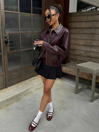 Burgundy Faux Leather Bomber Jacket
