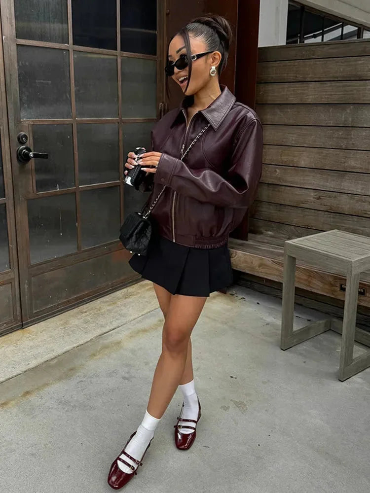 Burgundy Faux Leather Bomber Jacket