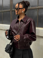Burgundy Faux Leather Bomber Jacket