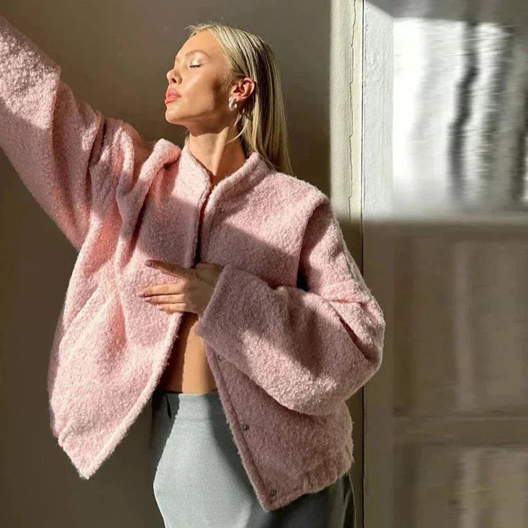 Pink Teddy Fabric Bomber Jacket