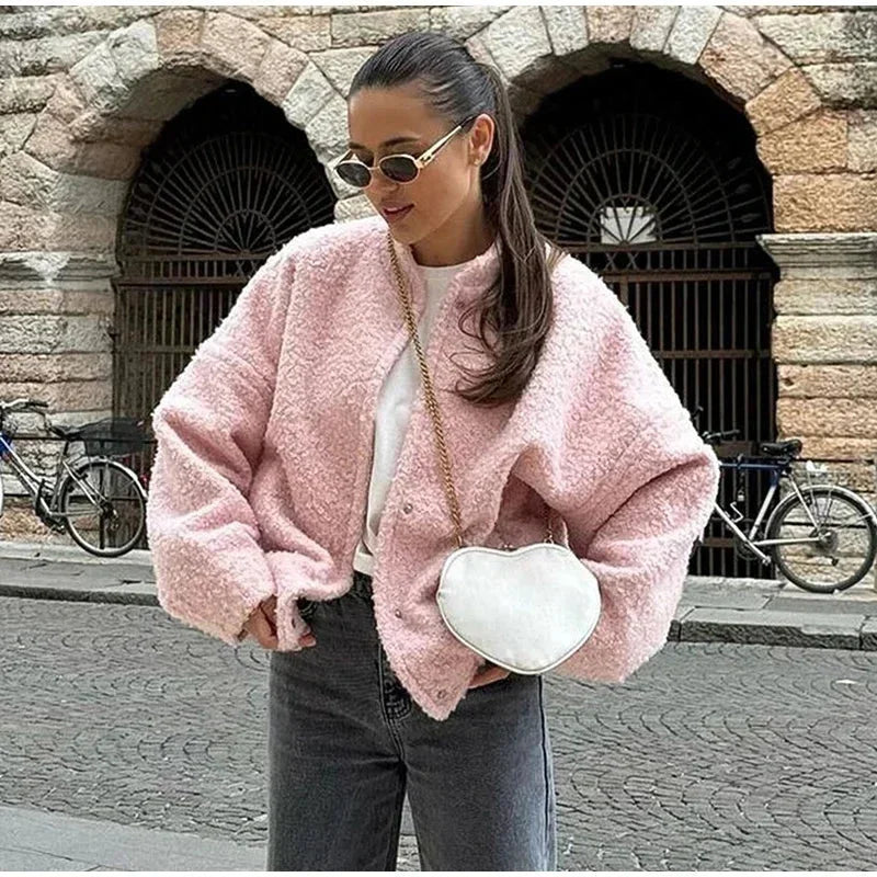Pink Teddy Fabric Bomber Jacket