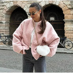 Pink Teddy Fabric Bomber Jacket