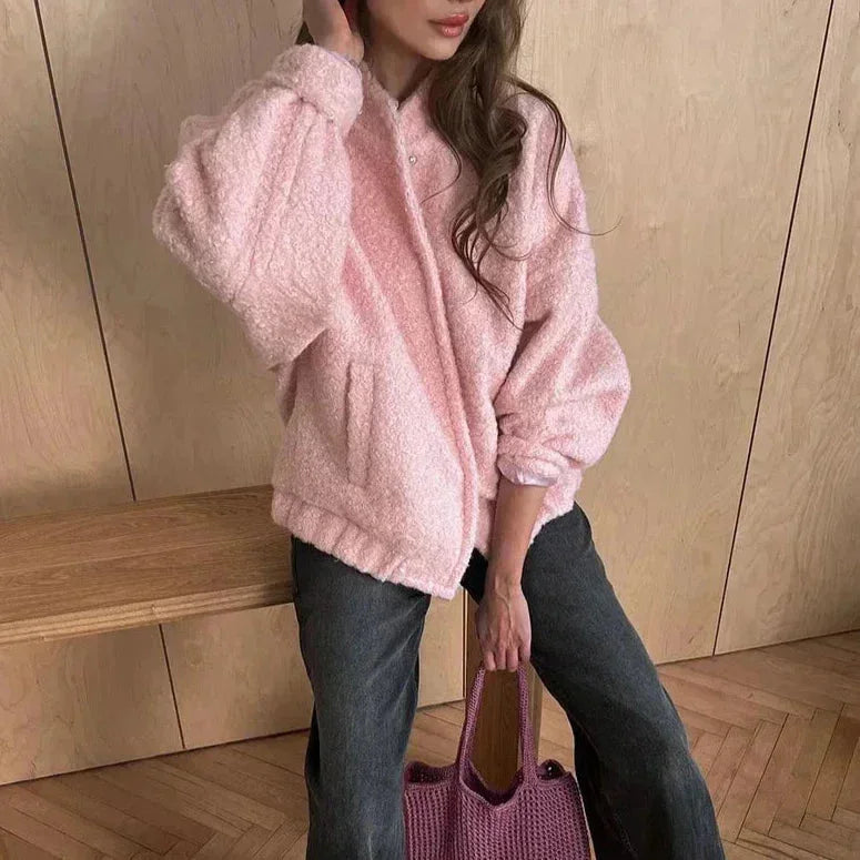Pink Teddy Fabric Bomber Jacket