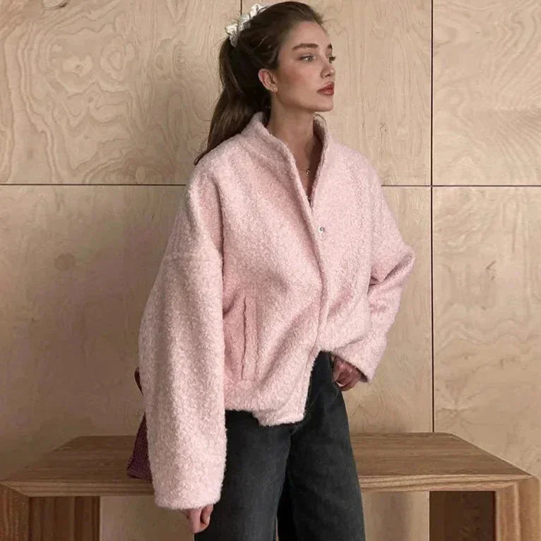 Pink Teddy Fabric Bomber Jacket