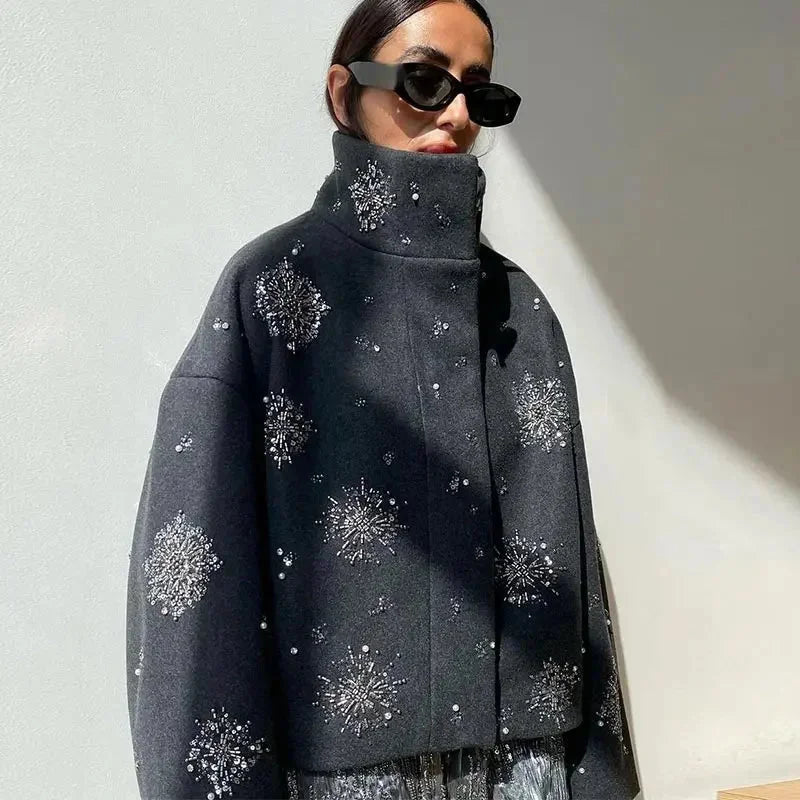 Grey Embroidered Batwing Collar Jacket