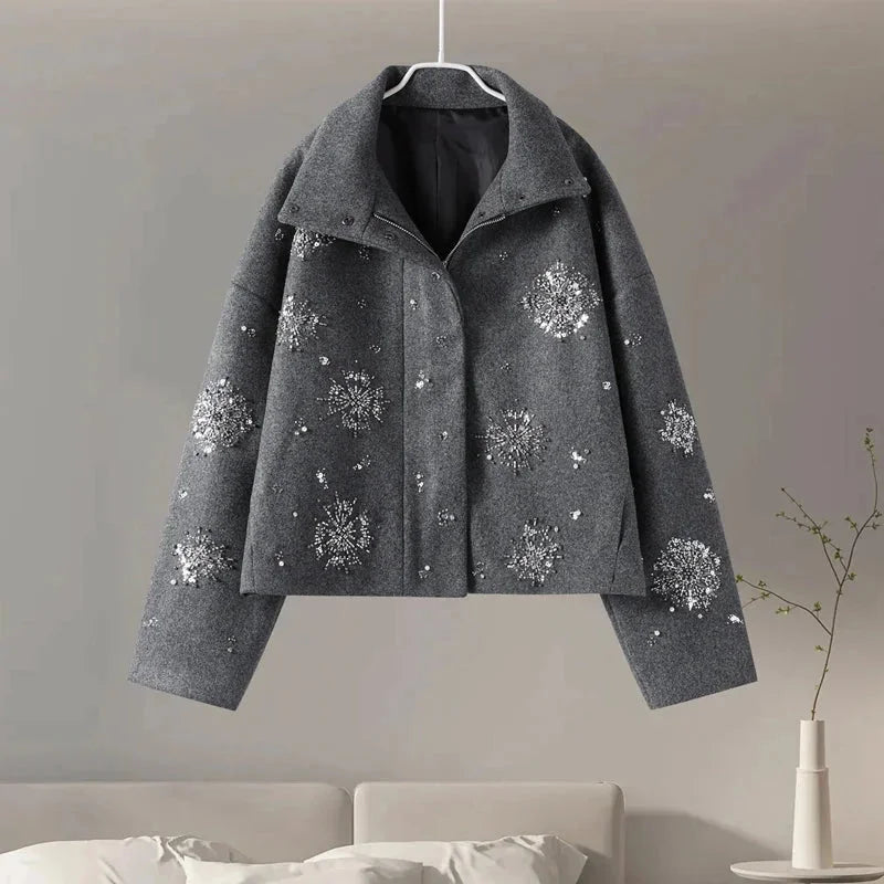 Grey Embroidered Batwing Collar Jacket