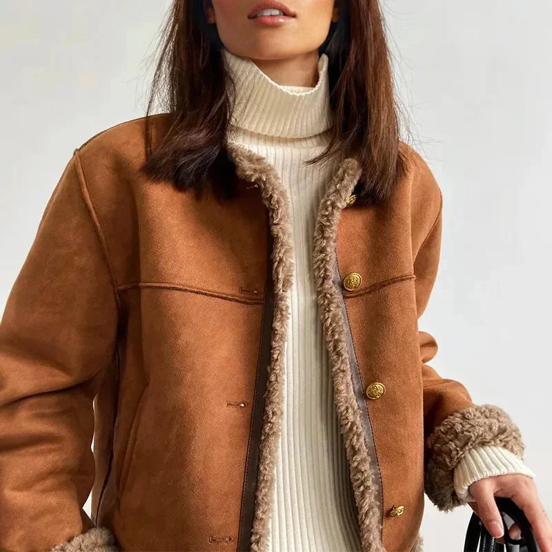 Brown Suede Button Front Jacket