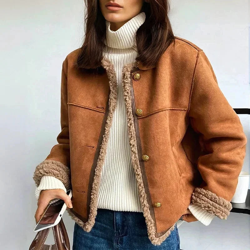 Brown Suede Button Front Jacket