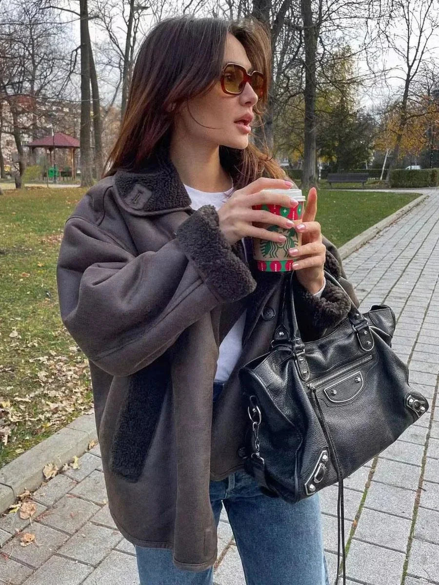 Dark Brown Shearling Effect Jacket