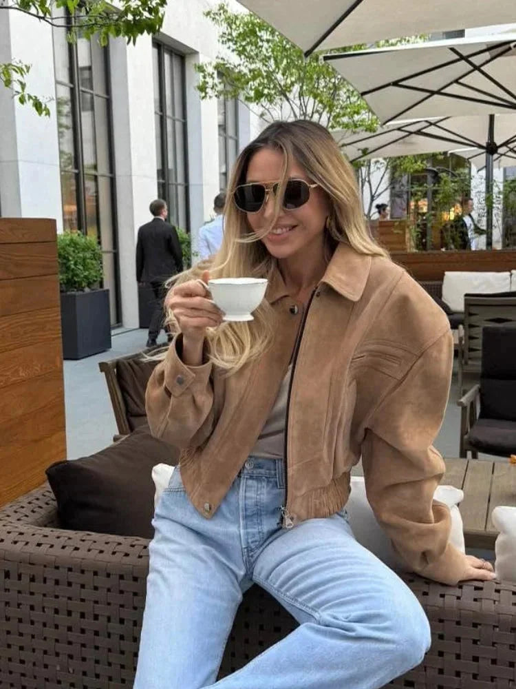 Brown Short Suede Zip Jacket