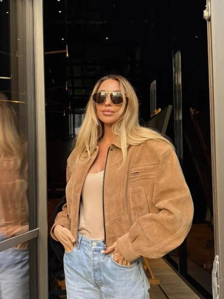 Brown Short Suede Zip Jacket