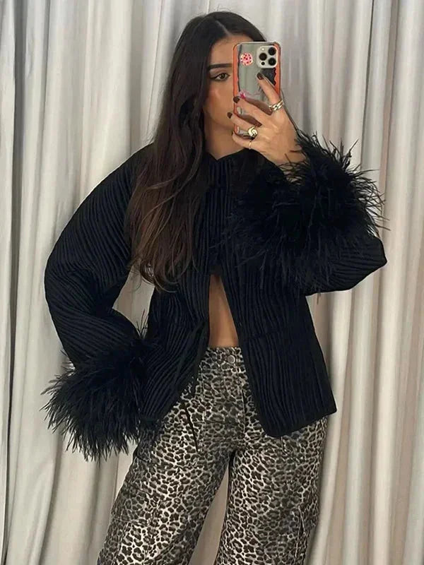 Black Elegant Feather Cuff Jacket