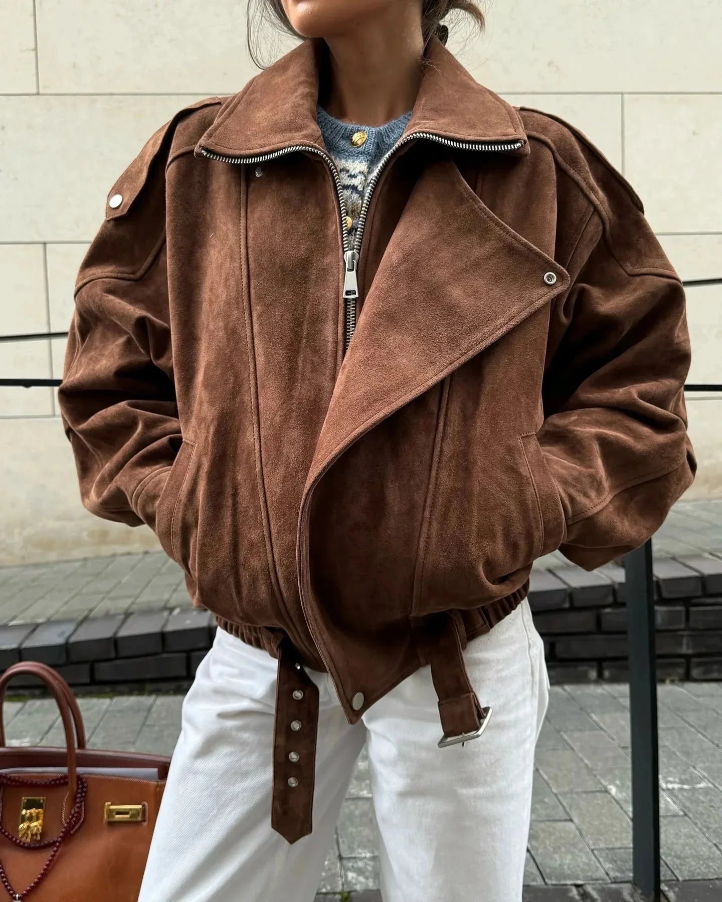 Brown Oversized Zip Collar Jacket