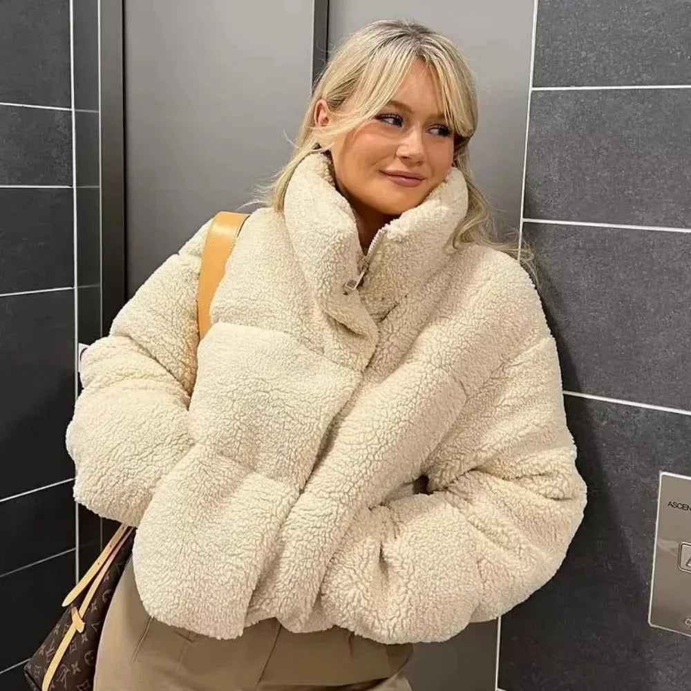 Beige Teddy High-Collar Puffer Jacket