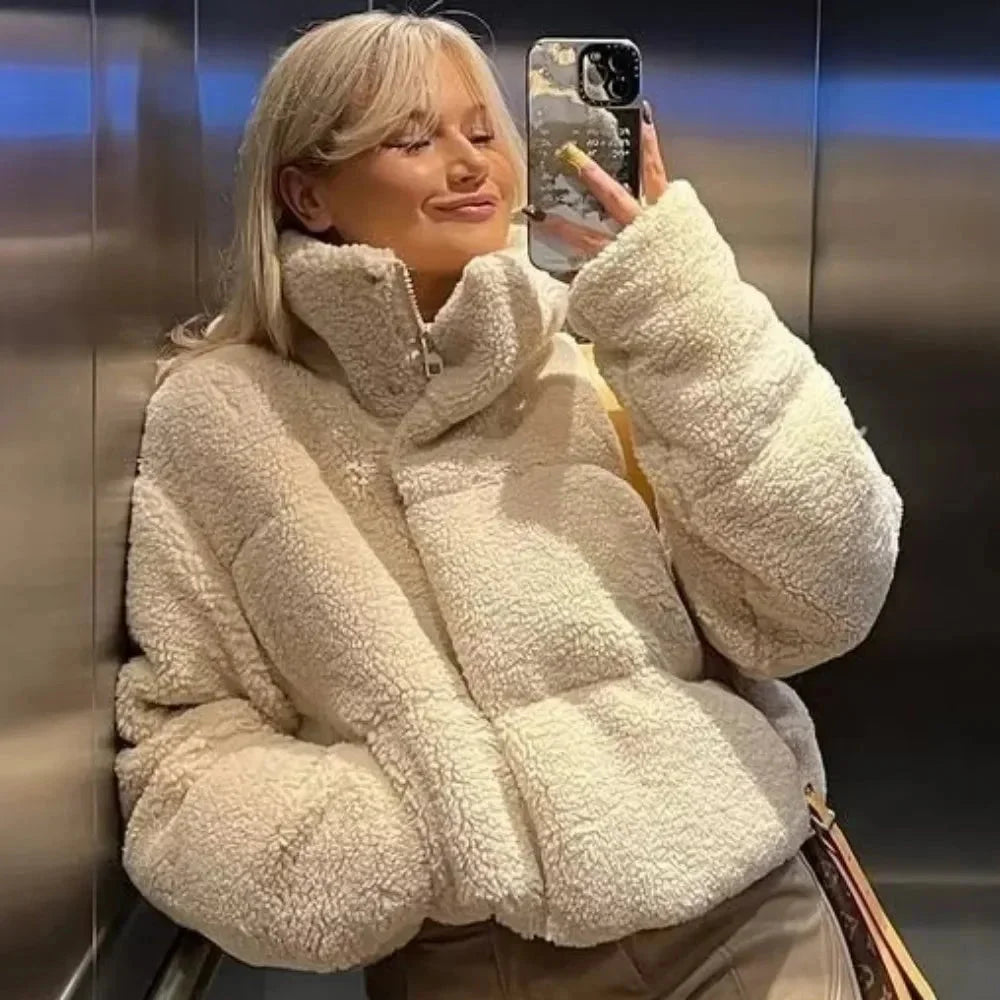 Beige Teddy High-Collar Puffer Jacket