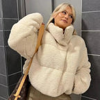 Beige Teddy High-Collar Puffer Jacket