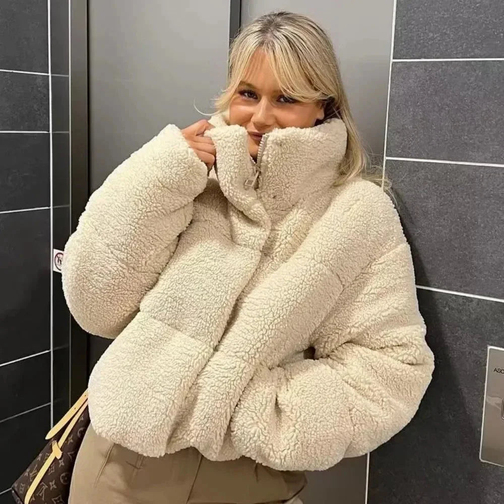 Beige Teddy High-Collar Puffer Jacket