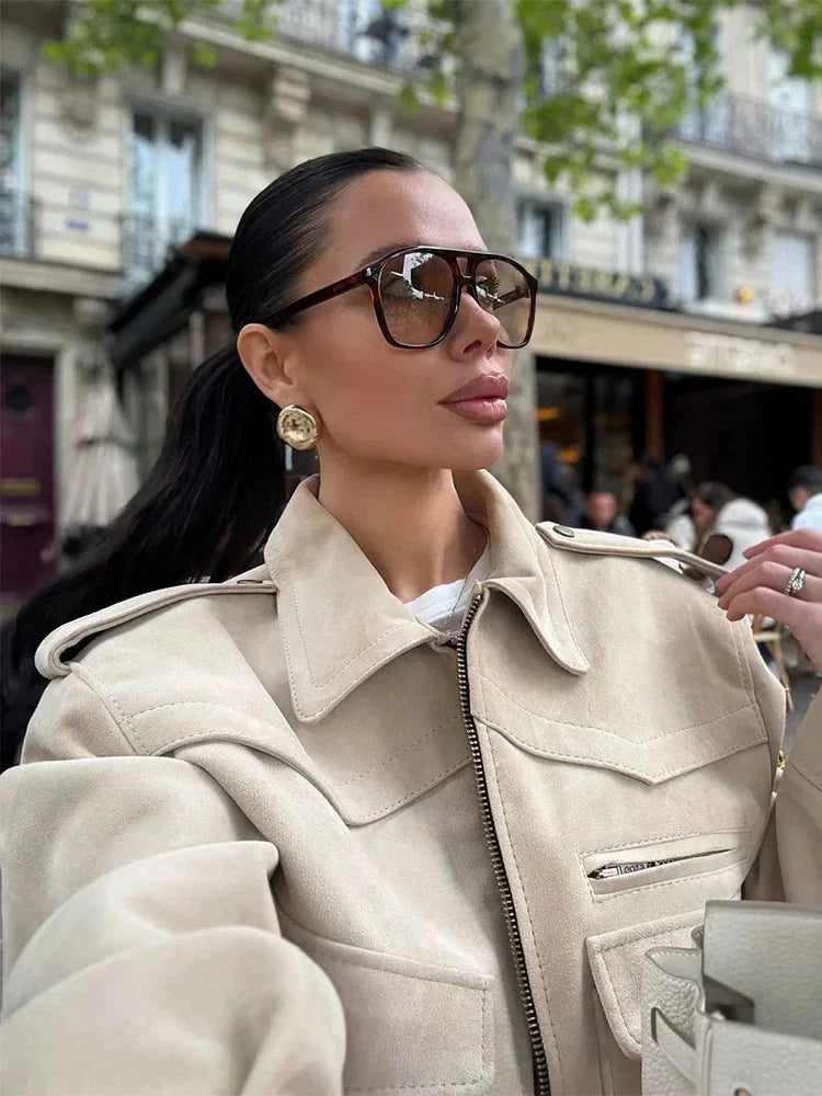 Beige Short Notched Trench Coat