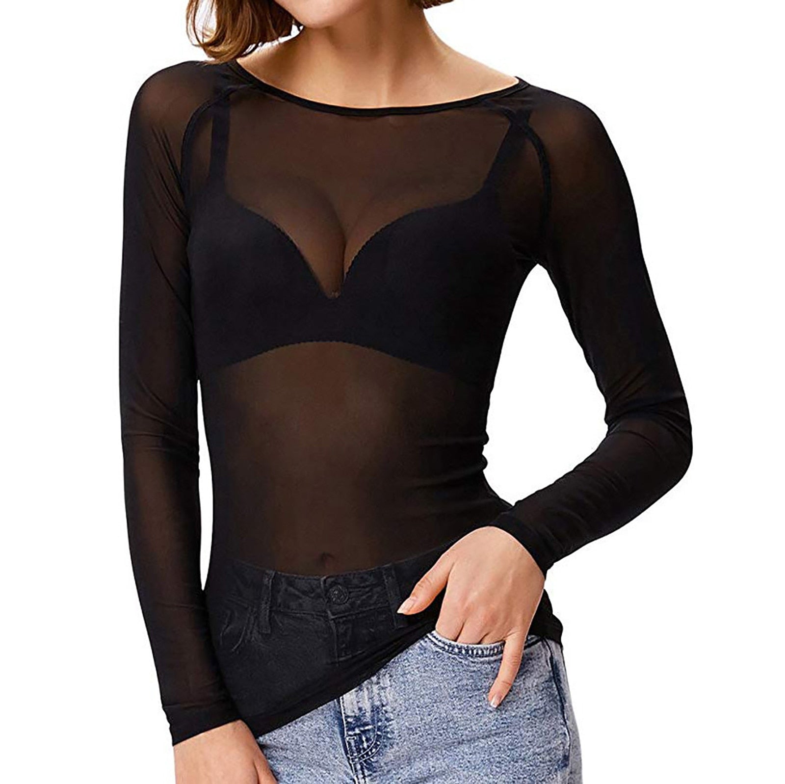 Women's Sheer Long Sleeve Mesh Top