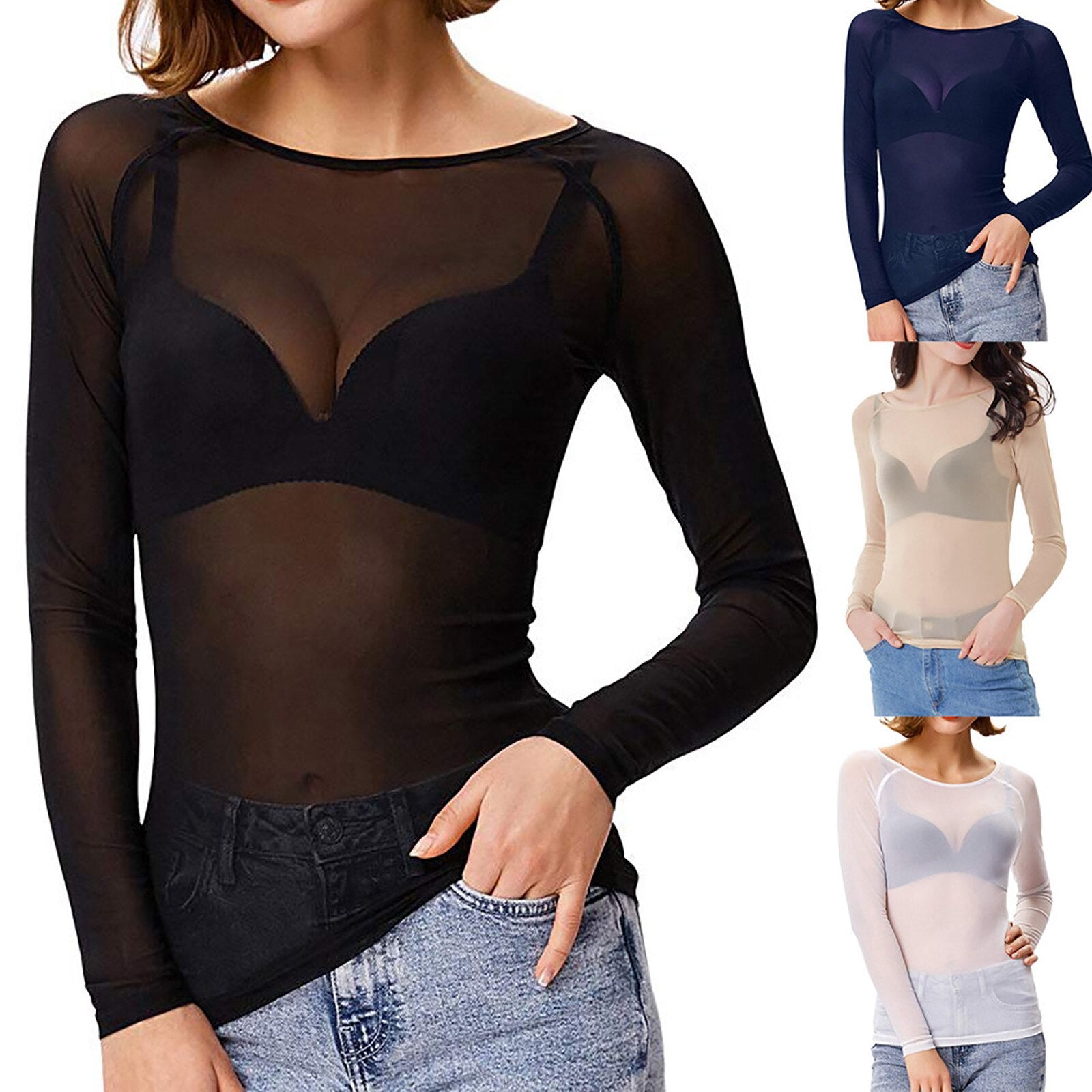 Women's Sheer Long Sleeve Mesh Top