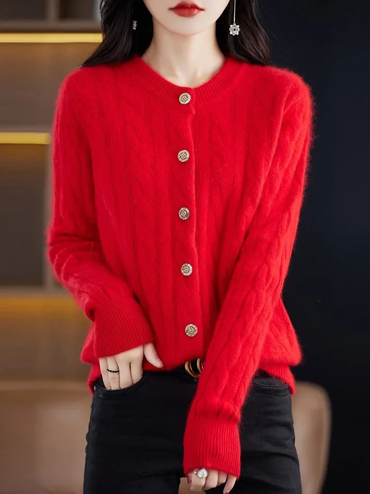 Women's Cable Knit Crew Neck Cardigan - Red