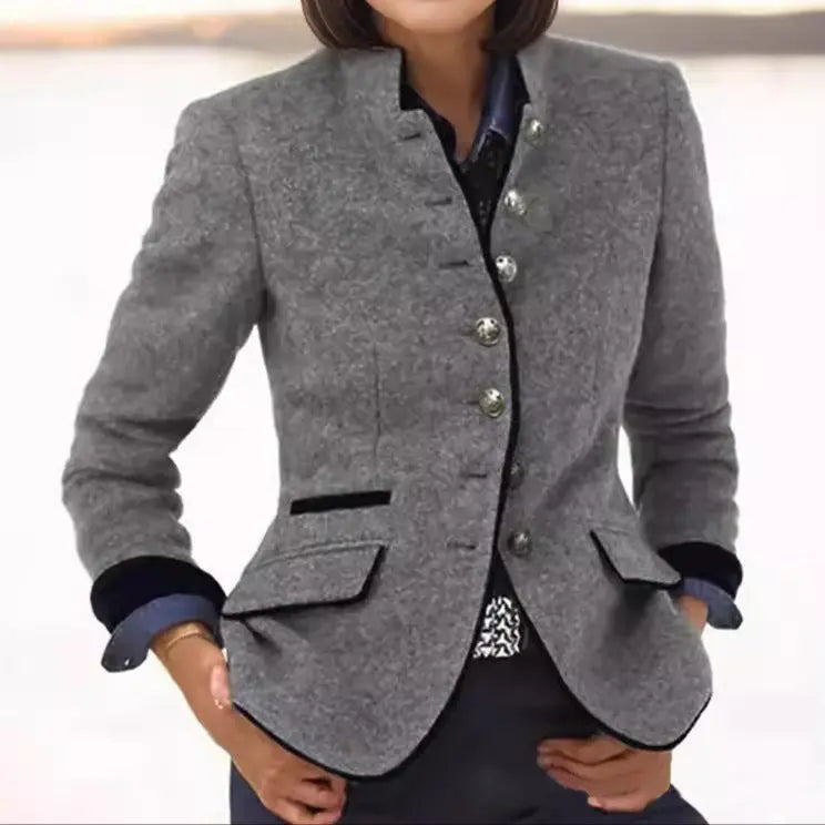 Women's Classic Tailored Blazer Jacket with Structured Collar – Gray