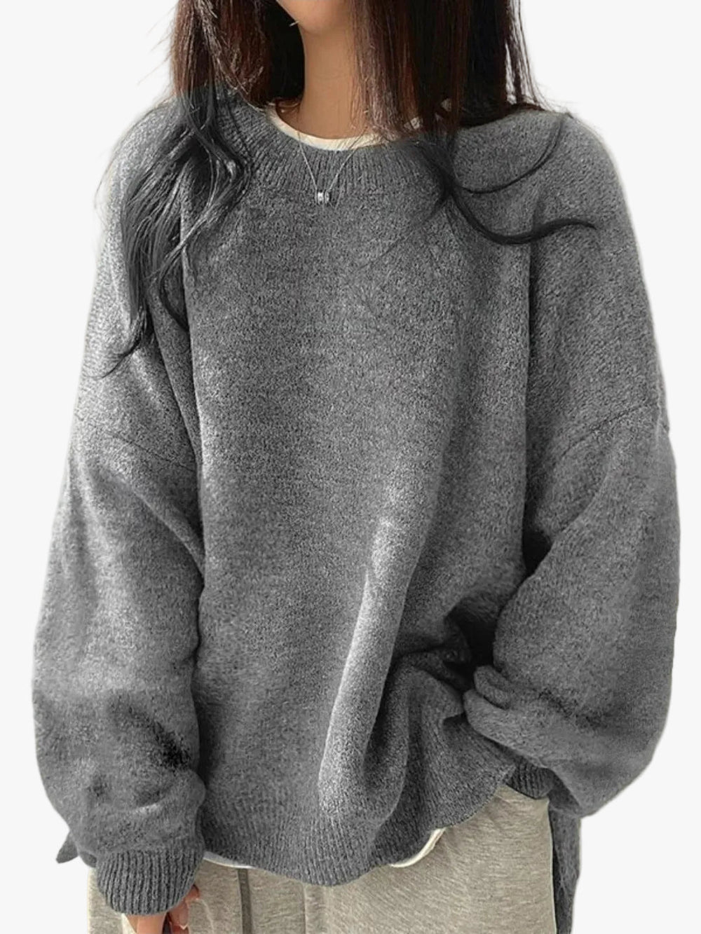 Women's Crewneck Knit Sweater with Drop Shoulders and Side Slits – Gray