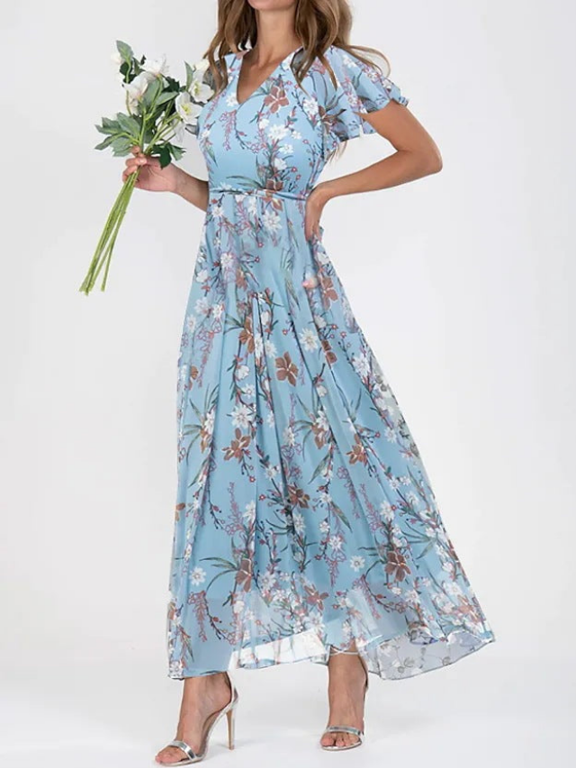 Women's Floral Maxi Dress with V-Neck and Flutter Sleeves – Light Blue