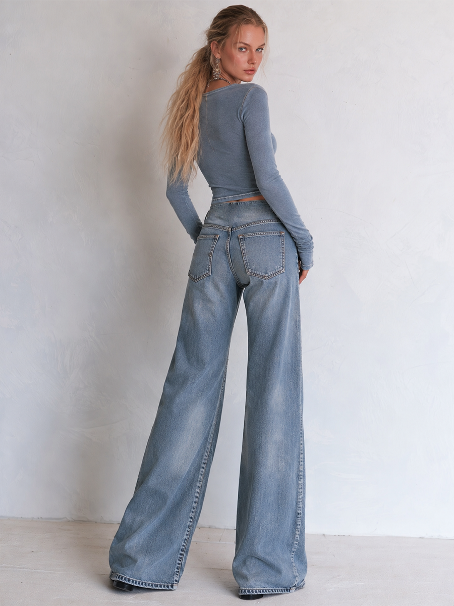 Women's High-Waisted Wide-Leg Jeans with Double Button Fly