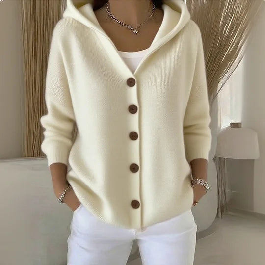 Women's Hooded Knit Cardigan with Button Front – Beige