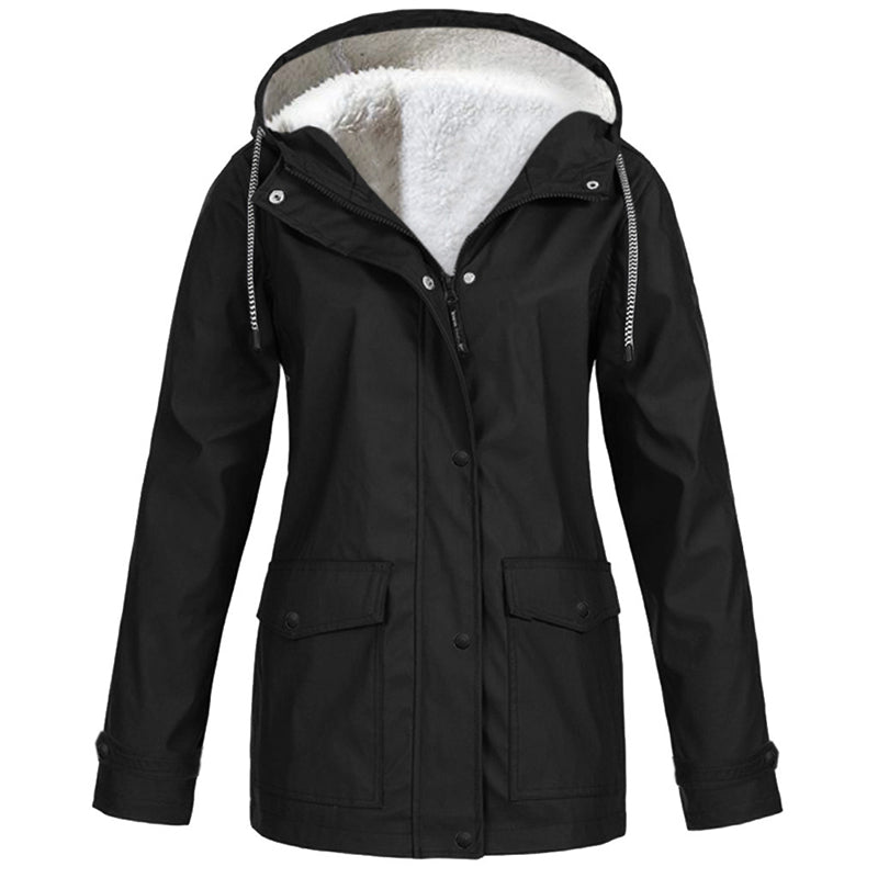 Women's Hooded Plush-Lined Jacket with Snap Button Front