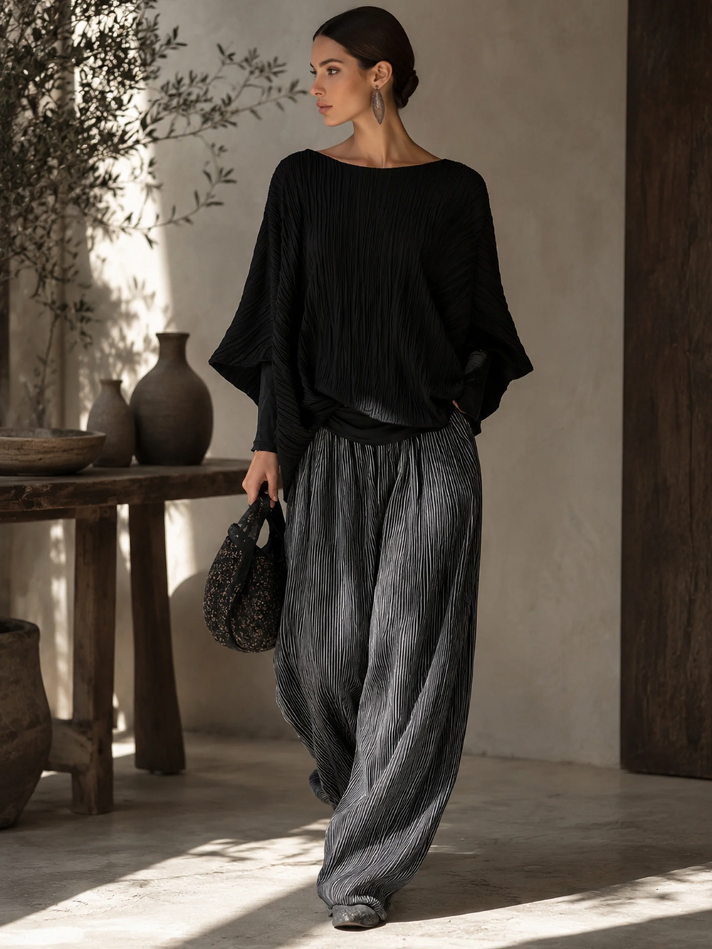 Women's Pleated Batwing Two-Piece Set with Wide-Leg Pants
