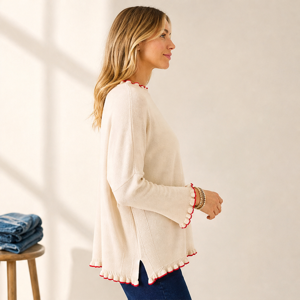Women's Ruffle-Trim Knit Sweater with Flared Sleeves
