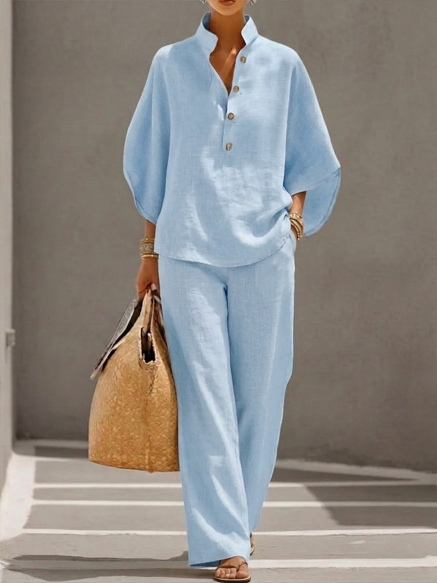 Women's Stand Collar Top and Wide-Leg Trousers Set – Light Blue