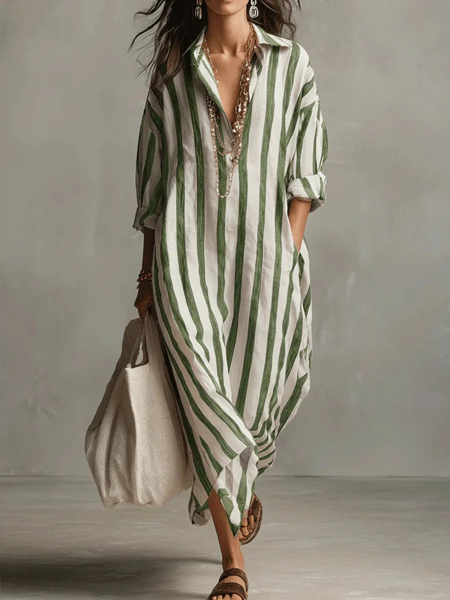 Women's Striped Maxi Shirt Dress with Pockets and Roll-Up Sleeves – Green