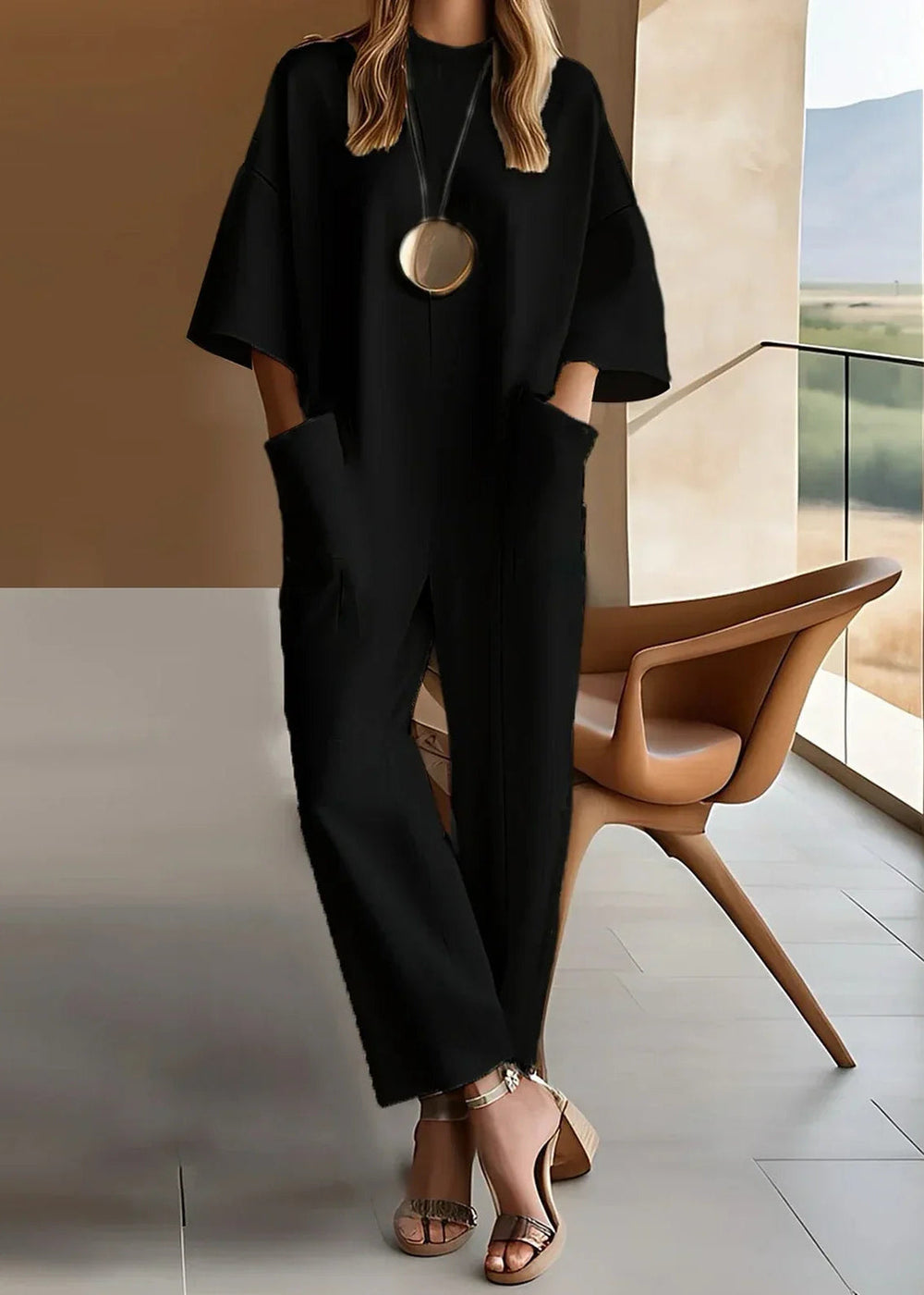 Women's Tailored Short-Sleeve Jumpsuit with Straight Legs – Black