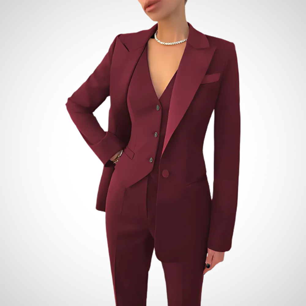 Women's Three-Piece Suit with Notch Lapels and Button Vest – Red