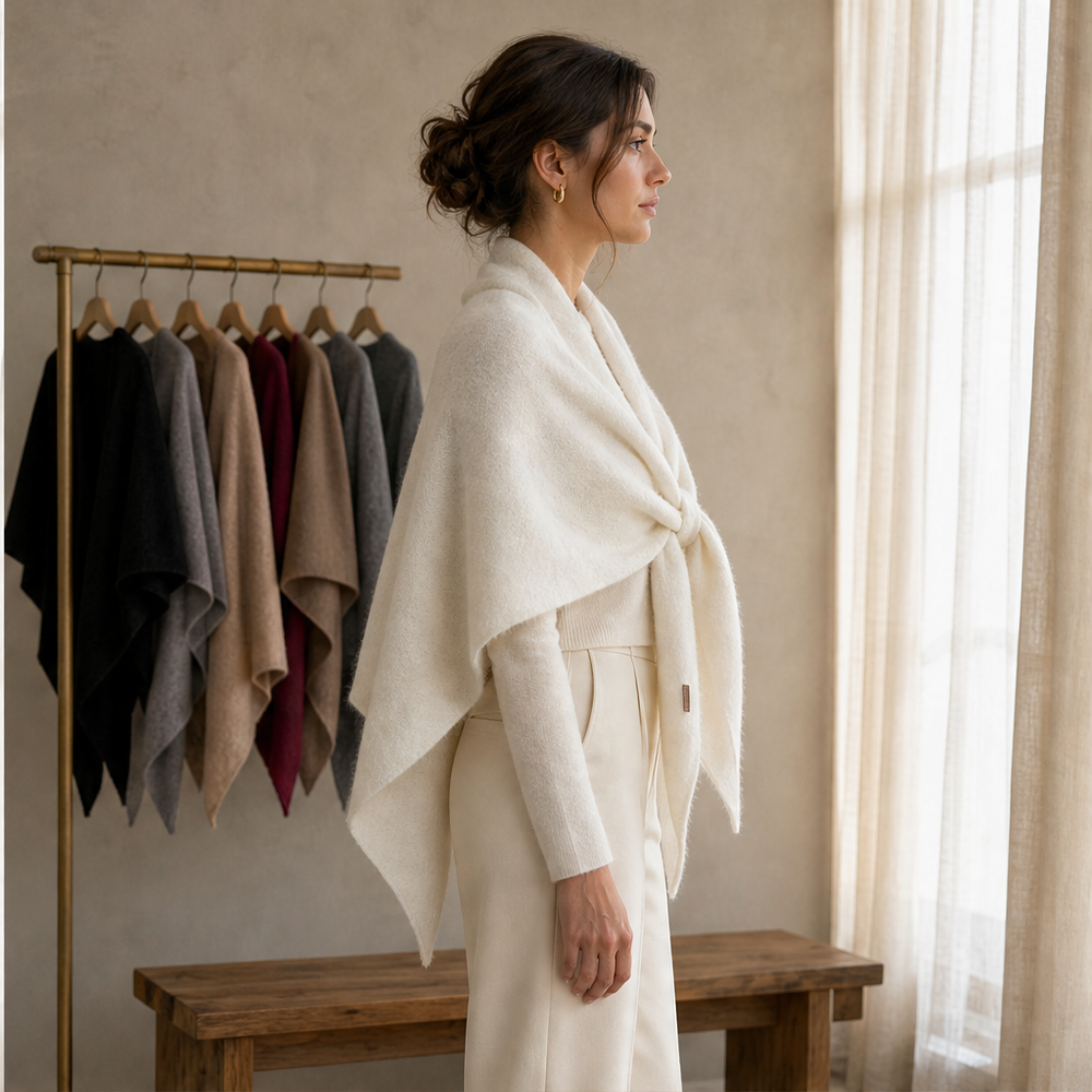 Women's Triangle Knit Shawl with Tie-Front Wrap Design