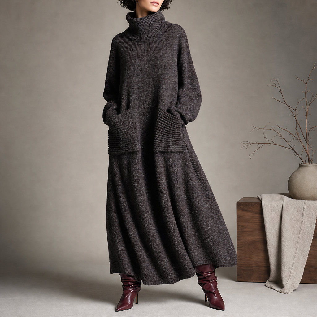 Women's Turtleneck Knit Maxi Dress with Side Pockets
