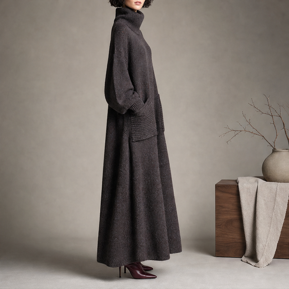 Women's Turtleneck Knit Maxi Dress with Side Pockets